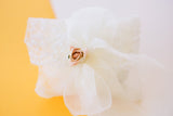 Μπομπονιέρα γάμου ιβουάρ δαντέλα με φιόγκο και τριαντάφυλλο σομόν